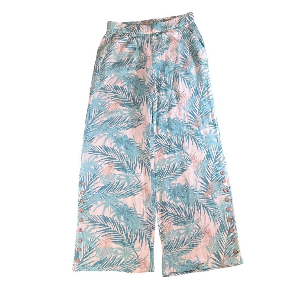 Soft Surroundings Womens Tropical Print Wide-Leg Pants Elastic Waist Buttons - L